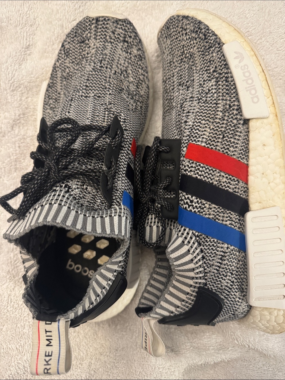 Adidas Boost- Men’s Grey Knit Athletic Shoes with Red & Blue Accents